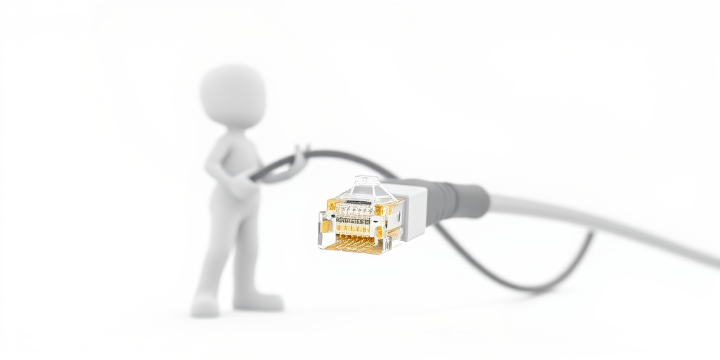 3D character holding an Ethernet cable, white background, soft lighting, high resolution, DSLR camera, f/2.8 aperture, 50mm lens, ISO 100, shallow depth of field.