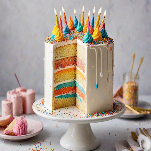 Create an image of a colorful birthday cake with layers of vanilla sponge, filled with rainbow sprinkles, and topped with white frosting and more sprinkles. The cake should be displayed on a white cake stand with a bright background.