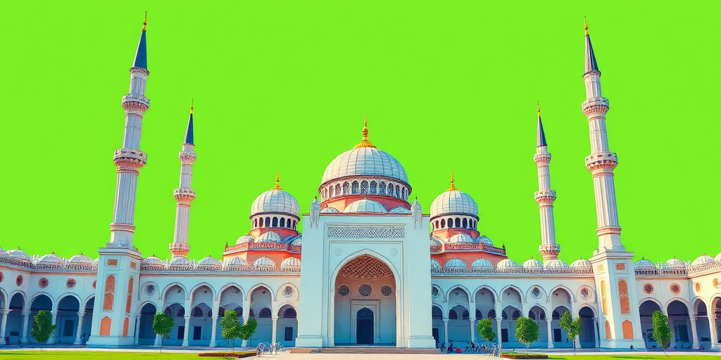 Create a vibrant illustration of a grand mosque with intricate details, showcasing its domes and minarets, with a bright green background, using a high-resolution DSLR camera at f/8 aperture, ISO 100, and a wide-angle lens at 24mm to enhance perspective and depth.
