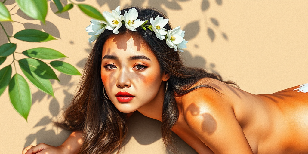 create a watercolor painting of an ethereal portrait of beautiful Guarani woman with a simple white flower crown on her head. Her hair is long and she is lying on the ground. The sunlight on the trees casts shadows from the leaves on her face and body. The background is a neutral brown color that matches her skin tone. The image is minimalist and solid colors. This style is characterized by soft, delicate brushstrokes and a light, airy, contrasting color palette. High level of detail and play of light