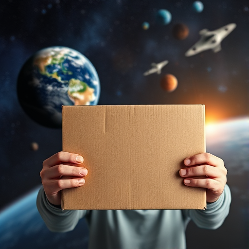 Create an image of a person holding a cardboard box in front of a tablet with a cosmic scene featuring Earth, planets, and a spaceship in the background, captured with a Canon EOS R5, 50mm f/1.8 lens, ISO 200, aperture f/2.8, and soft focus lighting.