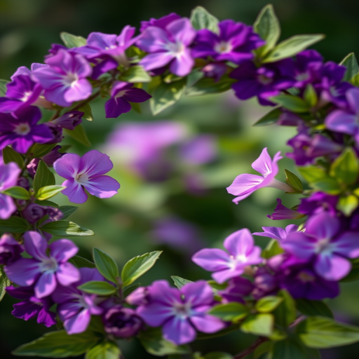 Create a high-resolution image of a circular floral frame featuring purple and pink flowers with green leaves, using a shallow depth of field, soft focus lens, f/2.8 aperture, 50mm prime lens, natural light to enhance colors and textures.