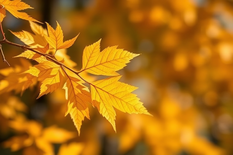 Golden autumn leaves in sharp focus against a blurred bokeh background, ISO 200, f/2.8, shutter speed 1/200s, 50mm lens, natural soft lighting, DSLR camera.