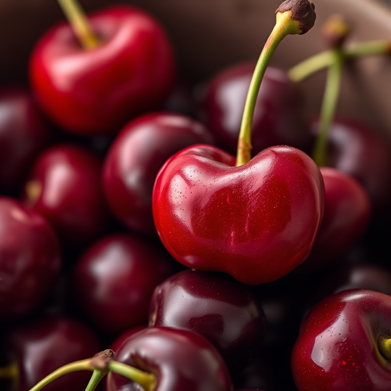 Create a high-resolution still life image of cherries in a bowl, focus on one vibrant red cherry with a glossy finish, shot with a Canon EOS R5, 50mm lens, f/1.8 aperture, ISO 100, in soft natural light to enhance color contrast against a muted background.