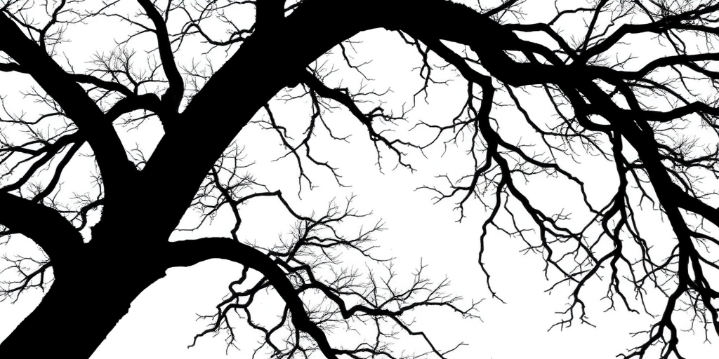 Create an image of a minimalistic black silhouette of a tree with intricate branches against a white background, captured with a DSLR camera at f/2.8, ISO 100, 50mm lens, with a shallow depth of field and high dynamic range for enhanced clarity and detail.