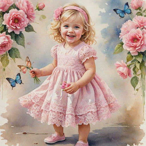 hyperrealism happy smiling toddler girl with messy wavy blonde hair with a headband, she is wearing a pink and white lace dress with pink and white shoes, she is holding a pink bouquet of flowers. Pink flowers and butterflies. summer background. Watercolor Highly detailed