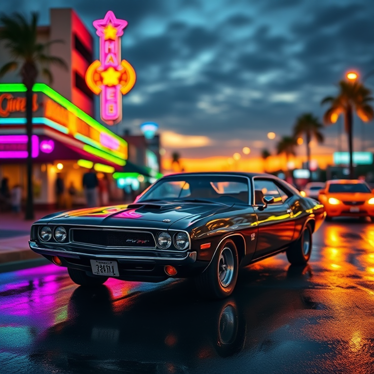 A vintage muscle car parked on a vibrant beachfront street at sunset, colorful neon lights reflecting off the wet pavement, depth of field focus on the car, 50mm lens, f/1.8 aperture, ISO 200, shot with a DSLR camera, evening golden hour lighting.
