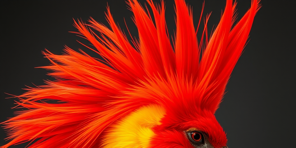 Blazing Phoenix Plumage showcases a striking combination of bright red and orange hues with yellow accents, styled in an edgy, spiked mohawk