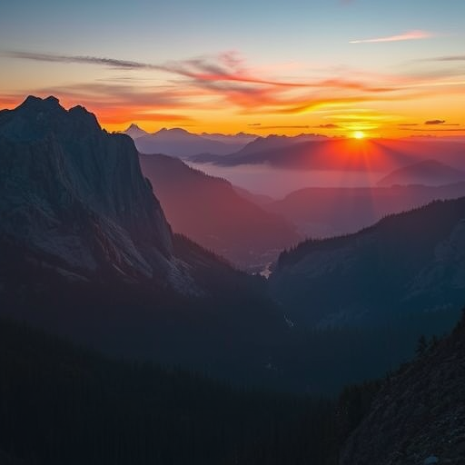 Create a highly detailed image of a serene mountain landscape at sunrise, using a Canon EOS R5 camera, 24mm focal length, aperture f/8, ISO 100, 1/125 sec shutter speed, wide-angle view, with vibrant colors and high dynamic range.