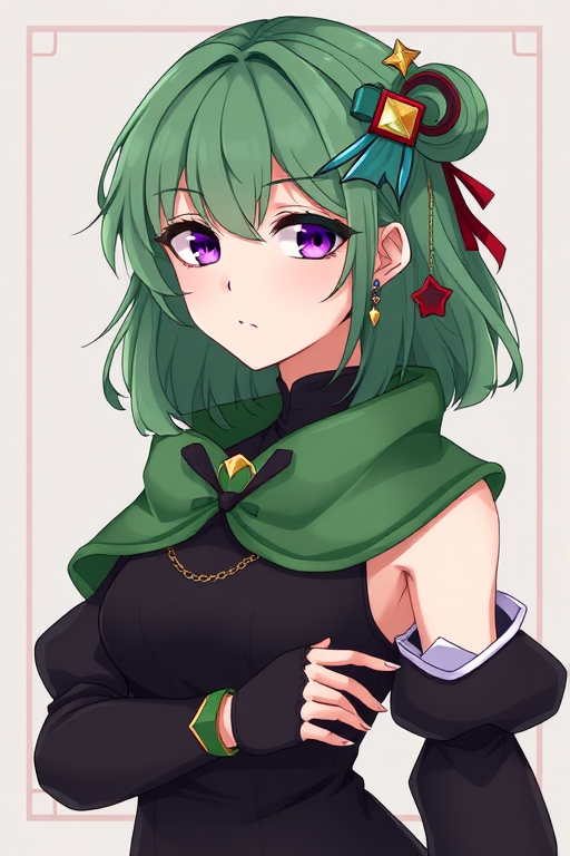 colleidef, green hair, medium hair, purple eyes, hair ornament, hair between eyes, ahoge, small breasts, earrings, single earring, jewelry, green capelet, black dress, detached sleeves, puffy long sleeves, backless dress, bridal gauntlets, crossed bangs