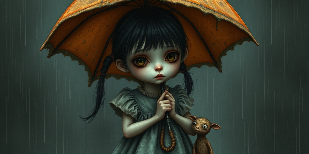 An eerie, weird little girl with dark hair in thin pigtails, wearing a smock dress, standing in the rain, holding a dirty orange umbrella, a small, odd creature beside her. In a surreal style inspired by Nicoletta Ceccoli and Brian Froud. Dark fantasy themes