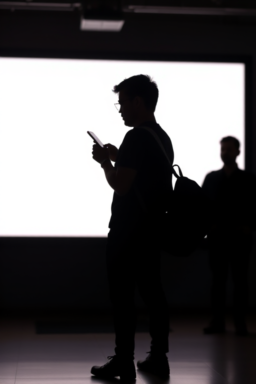 generate a silhouette of a person standing in front of a backlit display in a dimly lit environment, holding a phone and wearing a backpack, with a focus on shadows and ambient light