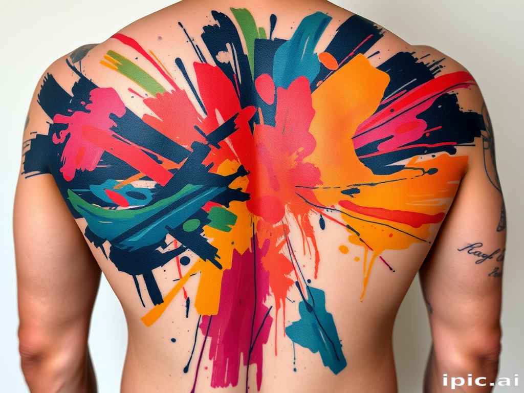 Abstract expressionist tattoo named "Emotional Spectrum" featuring bold, dynamic brushstrokes in a vibrant array of colors, creating a sense of movement and raw emotion, with subtle representational elements hidden within the chaos, suitable for back, chest, or full sleeve placement