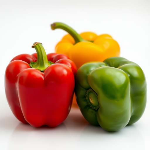 High-resolution image of three bell peppers (red, yellow, green) on a clean white background, using a DSLR camera at f/2.8 aperture, ISO 100, 50mm lens, with soft natural lighting from the left side.