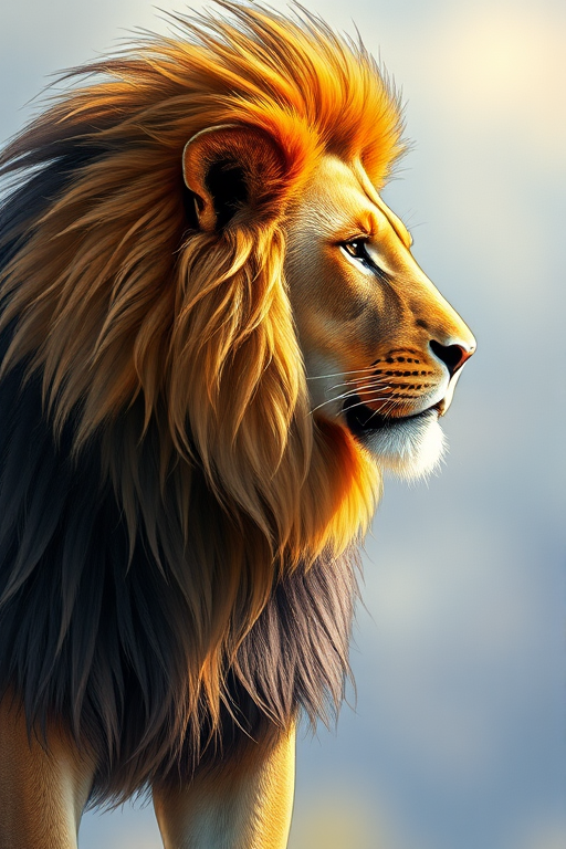 Create a detailed illustration of a majestic lion standing in profile, with intricate fur texture and vibrant tones, captured in high resolution with a 50mm lens, f/1.8 aperture, ISO 100, using a DSLR camera in natural light for enhanced clarity and depth.