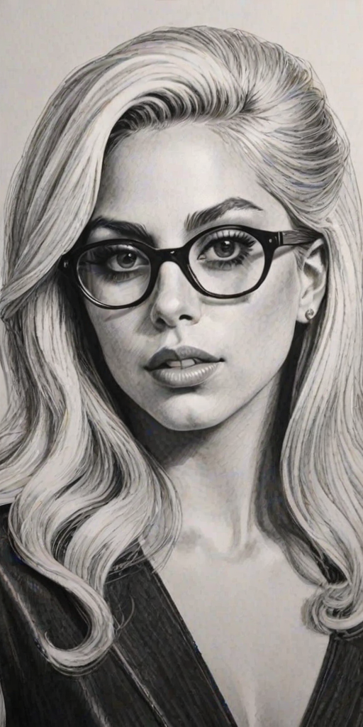 Delightful Lady Gaga, pencil sketch, portrait of Alluring woman 1968s in glasses, hair style beatnik, outline, clear lines, fine lines, 8k