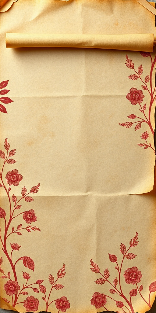 Create a vintage styled parchment background with floral patterns and a scroll at the top, using a DSLR camera, 50mm lens, f/2.8 aperture, 1/125s shutter speed, and soft diffused lighting for enhanced texture and detail.
