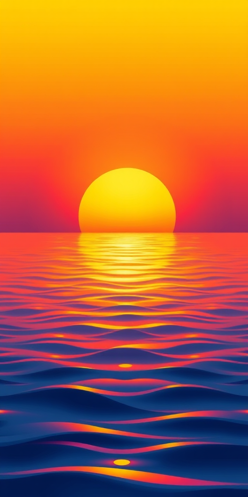 create a vibrant sunset illustration with a gradient from yellow to orange in the sky, reflected in calm water below, soft waves in the water, vivid colors blending gently, digital art style, high resolution, 300 DPI, soft focus effect, with a symmetrical composition, using a digital drawing tablet