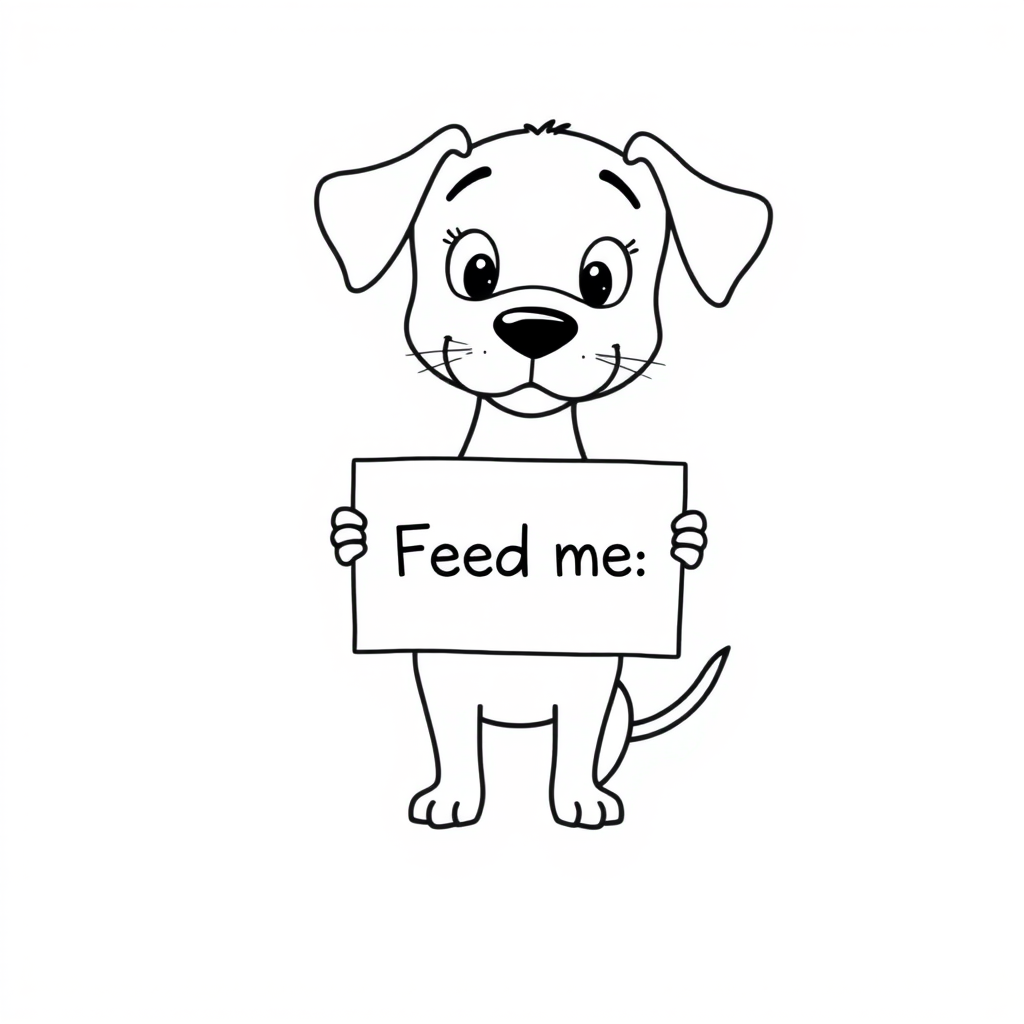 A minimalist cartoon of a PUPPY standing on a blank white background, holding a sign that simply says, 'Feed me.' The puppy is drawn with just a few lines: big eyes, whiskers, floppy ears, and a straight tail, giving it a comically desperate expression.