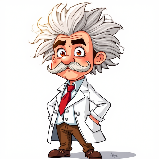 Create a cartoon-style illustration of a scientist with wild white hair and a mustache, wearing a white lab coat, red tie, and brown pants, standing with an expressive face, using a Canon EOS R5 with a 50mm lens, aperture f/2.8, ISO 100, and natural lighting for a vibrant appearance.