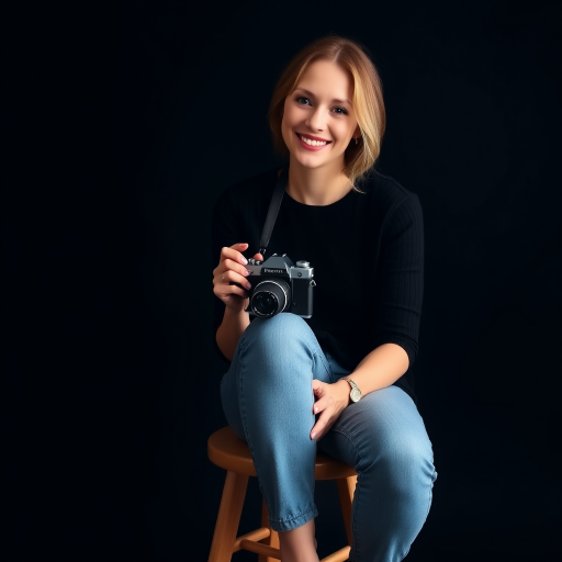 portrait of a woman sitting on a stool holding a vintage camera with a soft smile, indoor studio setting, black background, low light photography, aperture f/2.8, shutter speed 1/125s, ISO 200, 50mm lens, DSLR camera