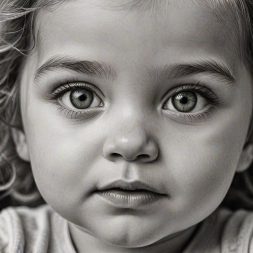 A hyperdetailed photorealistic black and white sketch of a beautiful toddler with deep green eyes, with a macro focus