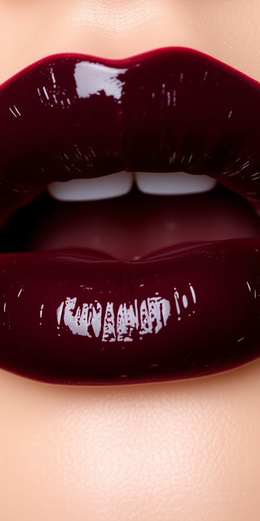 Glossy black cherry lips with a juicy finish, dubbed "Midnight Berry," feature a deep, rich color and a hydrating formula for comfortable wear