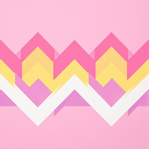 Create a vibrant zigzag pattern with alternating colors of pink, purple, yellow, and white on a flat background, using a DSLR camera with a 50mm lens, f/2.8 aperture, ISO 100, and a top-down view for clarity and sharpness.
