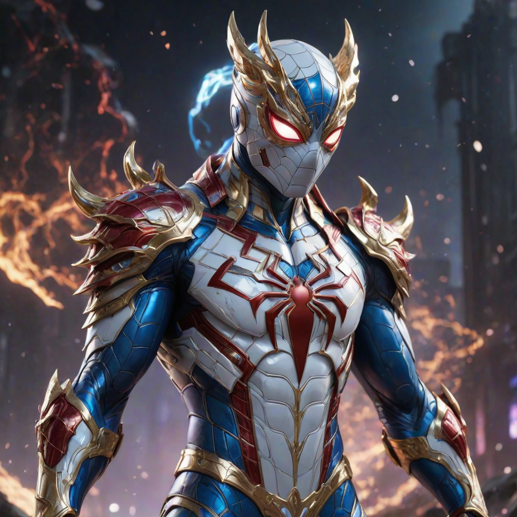 A high-budget, anime-style wallpaper featuring Spiderman in an epic White, blue red Kirin armor. Golden dragon gloves, the gloves is in the shape of dragon heads, Golden dragon head gloves, White glossy eyes, The armor is designed with metallic details that reflect light, showcasing intricate Kirin motifs. Spiderman's armor is a striking gradient of blue, red and white, with Colorful galaxy inner sections, making it look both powerful and sleek. The background is flat white, with Kirin-shaped blue-violet glowing rune relic to give the impression power, striking pose, the Kirin's armor is dominantly in white, with some details in blue and red, Cinematic anime action scene, cinematic action pose, medium shot action portrait, dramatic effect of shadow and light.