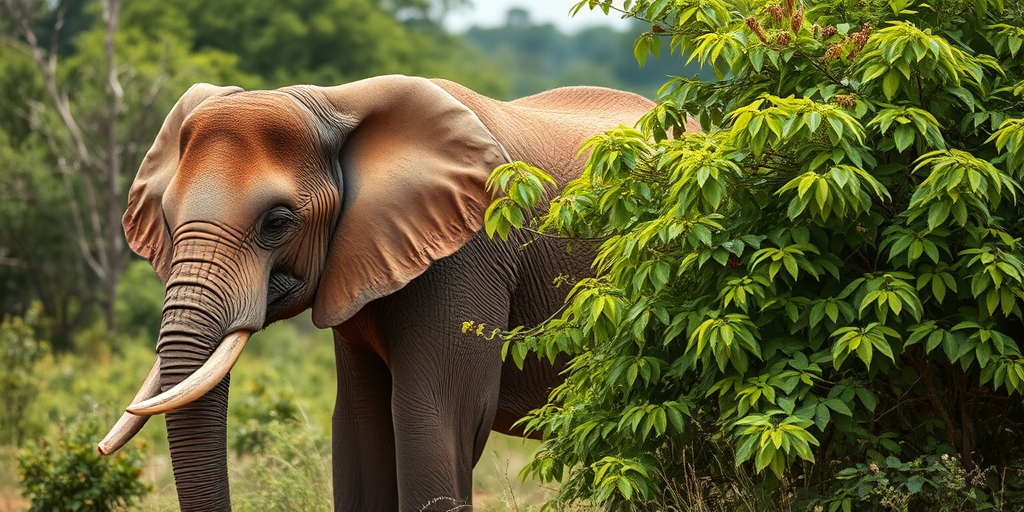 A majestic elephant standing beside lush green foliage in a natural habitat, captured with a Canon EOS 5D Mark IV, 50mm lens, aperture f/4, ISO 200, shutter speed 1/250s, shot from a low angle with a shallow depth of field to enhance focus on the elephant.