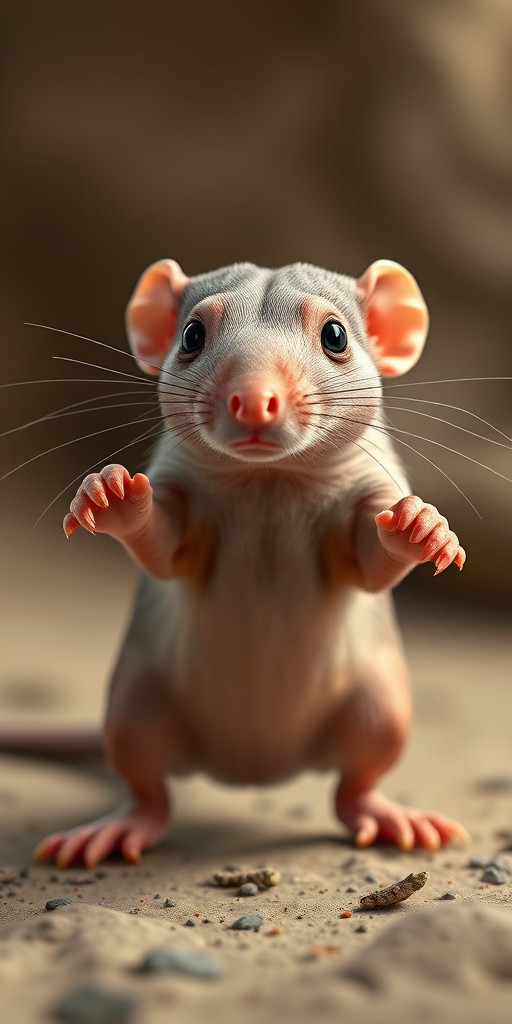 Create a highly detailed 3D render of a naked mole rat in a dynamic pose, captured with a DSLR camera at f/2.8 aperture, 50mm lens, ISO 100, in a well-lit studio setting with a soft-focus background to enhance the subject.