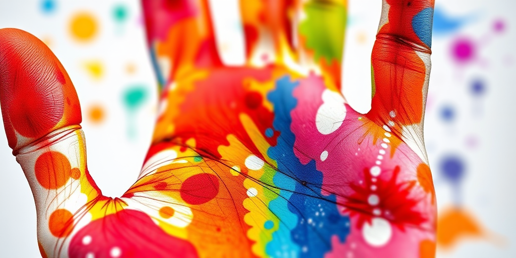 Regenerate a colorful abstract handprint with intricate patterns and textures, using a DSLR camera with a 50mm lens, aperture set to f/4, ISO 200, shot in macro view, focus on vibrant colors and details for enhanced clarity.