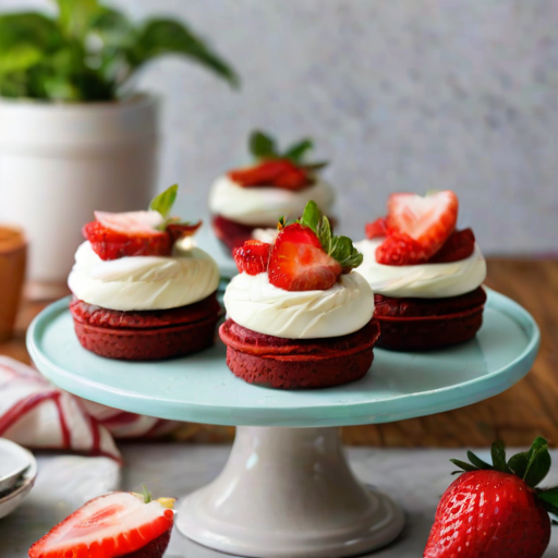 Create an image of individual red velvet cake layers stacked with cream cheese frosting in between, topped with fresh strawberries and mint leaves, presented on a cooling rack with a blurred background of more strawberries and leafy greens.