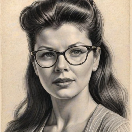 Bewitching Daphne Zuniga, pencil sketch, portrait of Enticing woman 1946s in glasses, hair style beatnik, outline, clear lines, fine lines, 8k