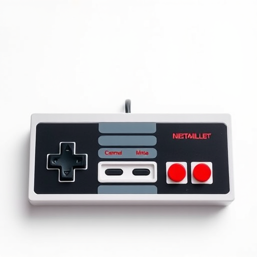 Create a high-resolution image of a classic NES game controller, front view, in flat design style, using a DSLR camera with a 50mm lens, f/2.8 aperture, ISO 100, and natural light for a clean and vibrant look.