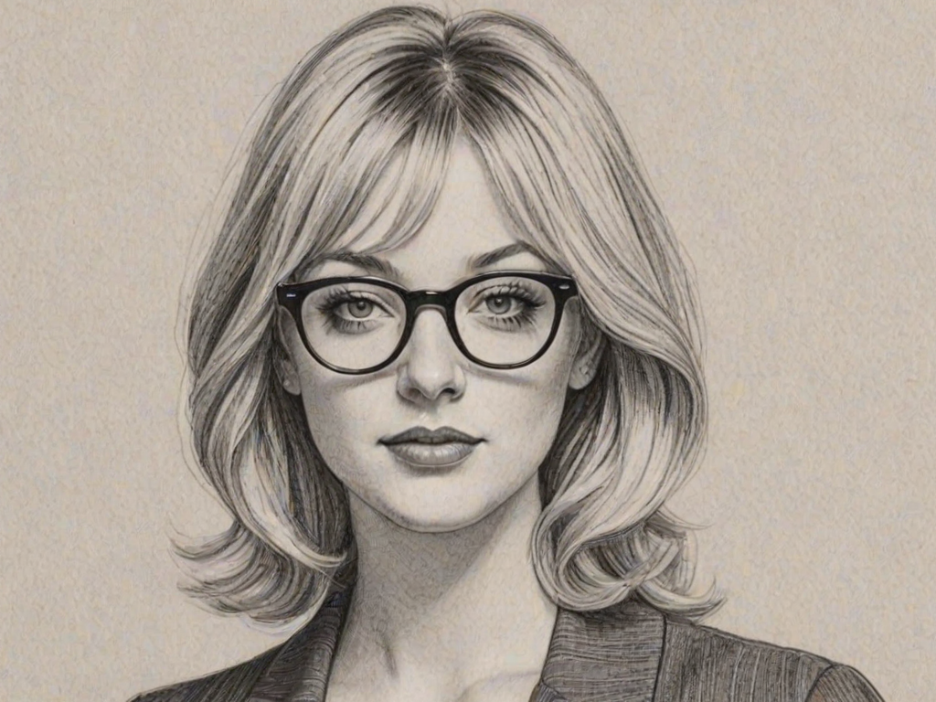Ravishing Abby Elliott, pencil sketch, portrait of Superb woman 1965s in glasses, hair style beatnik, outline, clear lines, fine lines, 8k