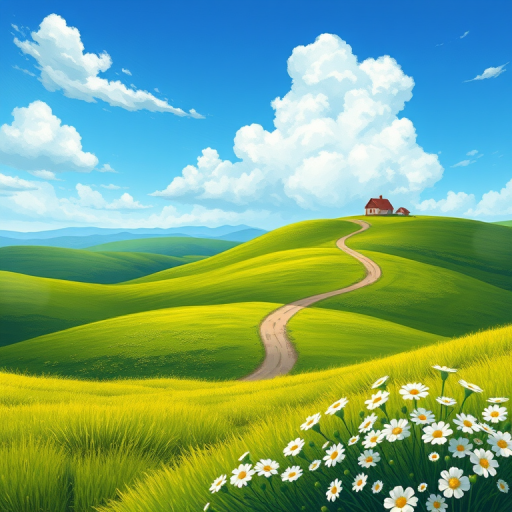 Create a vibrant landscape illustration featuring rolling green hills, a clear blue sky with fluffy clouds, a winding dirt path, two simple houses on the horizon, and a cluster of white flowers in the foreground, using digital painting techniques with a 4K resolution, 16:9 aspect ratio, and soft color gradients to enhance depth and detail.