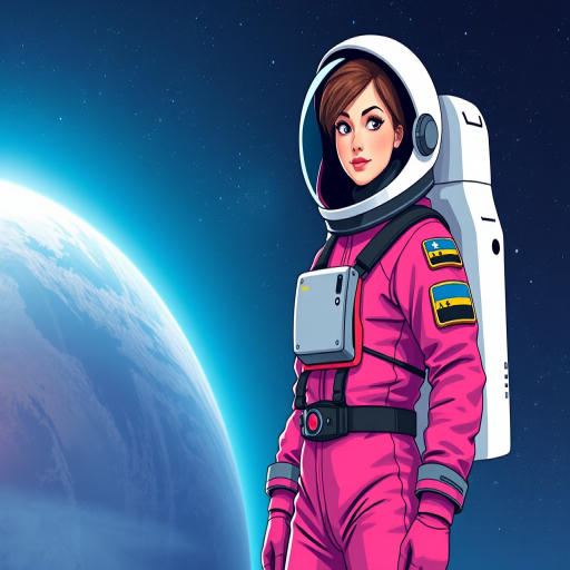 Create an illustration of a female astronaut in a vibrant pink spacesuit, standing confidently against a cosmic background with stars and a visible planet, captured in high resolution with a DSLR camera, 85mm lens, f/1.4 aperture, ISO 100, and soft lighting to enhance colors and details.