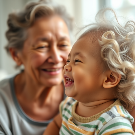Capture a joyful moment of a baby smiling at a grandmother, with a shallow depth of field to blur the background, using a Canon EOS R5 with a 50mm f/1.2 lens, ISO 200, aperture f/2.8, and shutter speed 1/200s, in natural soft lighting for enhanced image quality.