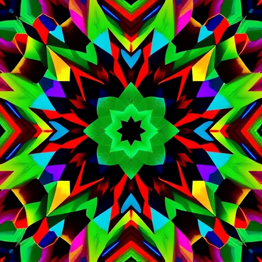 Create a high-resolution image of an abstract geometric pattern with vibrant colors, shot with a Canon EOS R5 at f/8, 1/125s, ISO 100, using a wide-angle lens from a top-down view to capture intricate details and depth.