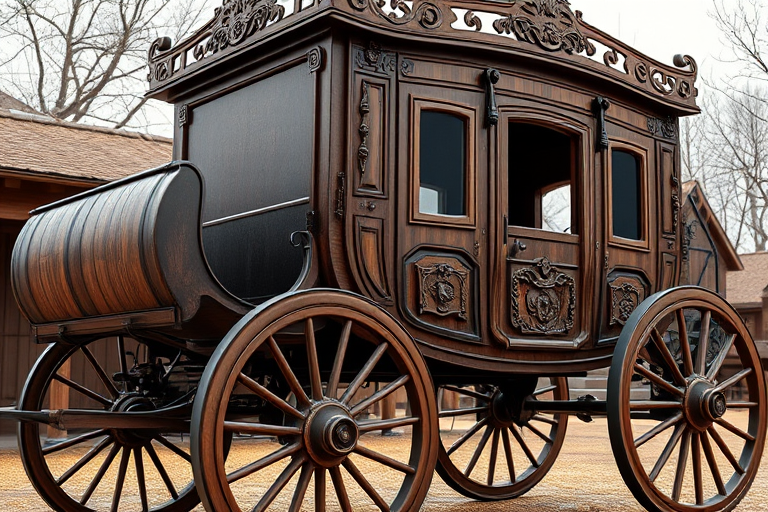 Create a highly detailed, realistic 3D render of a vintage wooden stagecoach with an intricate design, captured with a Canon EOS R5 at f/8, ISO 100, 24mm focal length, shot from a low angle to emphasize its grandeur, using soft, natural lighting for depth and richness in textures.