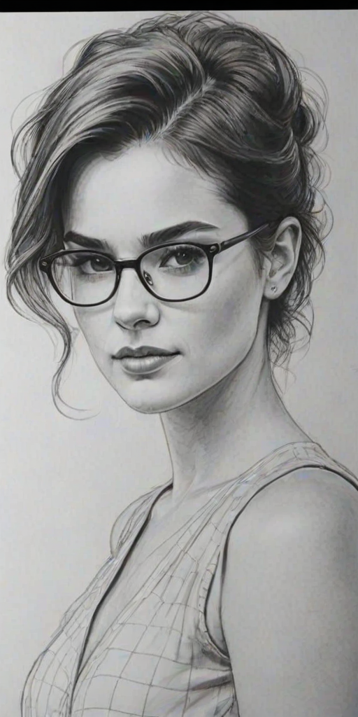 Graceful Brianna Hildebrand, pencil sketch, portrait of Enchanting woman 1979s in glasses, hair style beatnik, outline, clear lines, fine lines, 8k