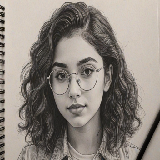 Exquisite Alessia Cara, pencil sketch, portrait of Sublime woman 1967s in glasses, hair style beatnik, outline, clear lines, fine lines, 8k