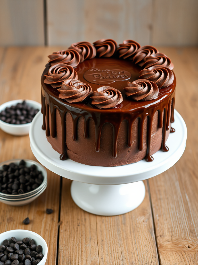 A beautifully decorated chocolate cake with rich chocolate frosting and elegant swirls on top, featuring a glossy chocolate drip cascading down the sides, displayed on a white cake stand, surrounded by small bowls of chocolate chips on a rustic wooden table.