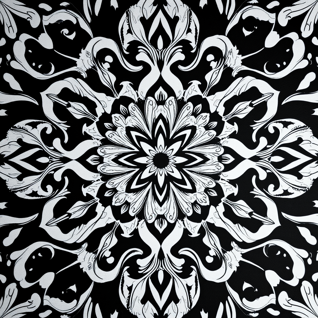 create a highly detailed black and white floral pattern with intricate swirls and geometric shapes, shot with a DSLR camera at f/8, ISO 100, 50mm lens, top-down view, high resolution, flat lay style
