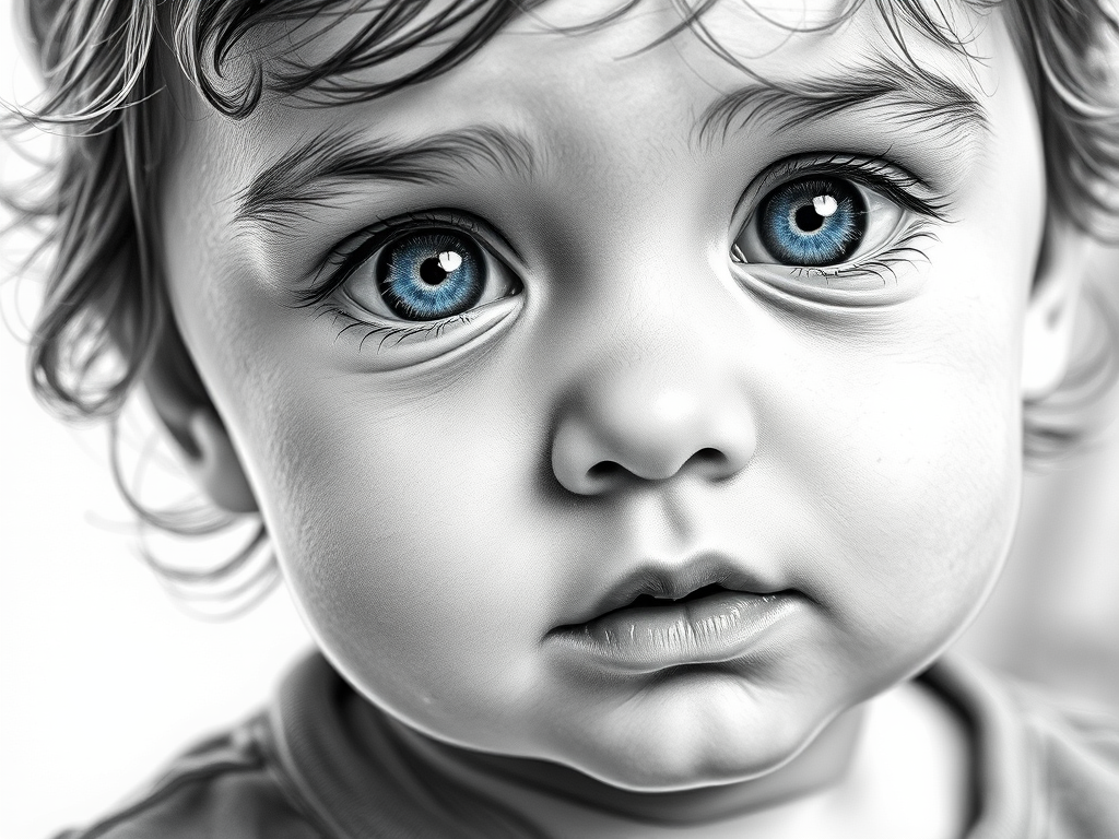 A hyperdetailed photorealistic black and white sketch of a beautiful toddler with deep blue eyes, with a macro focus