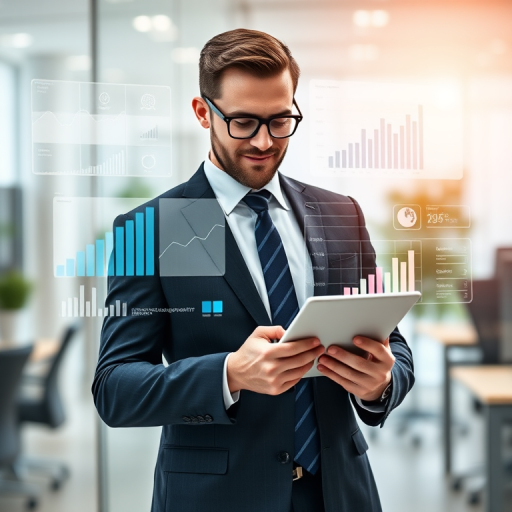 High-resolution image of a business professional in a suit holding a tablet, with digital data visualizations like graphs and charts projected around them, shot with a DSLR camera at f/2.8, ISO 100, 50mm lens, in a well-lit office environment with a shallow depth of field for enhanced focus on the subject.