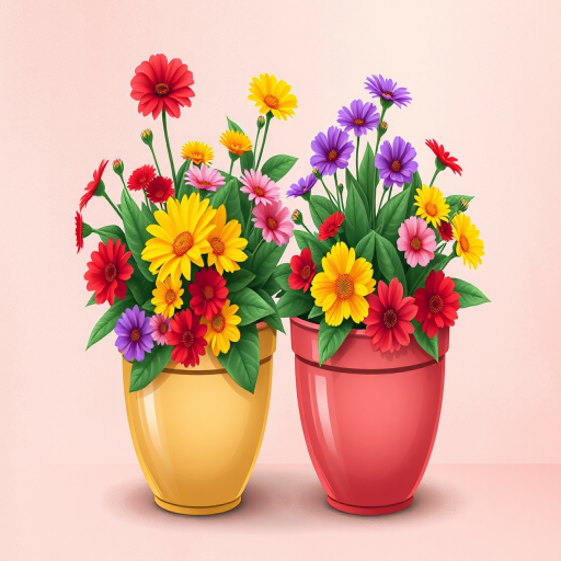 Create a vibrant digital illustration of two flower pots filled with colorful blooms including red, yellow, pink, and purple flowers surrounded by green leaves on a textured pastel background, using a Canon EOS R5 at f/8 aperture, 50mm lens, ISO 100, 1/200s shutter speed, with a soft focus style for enhanced clarity and detail.
