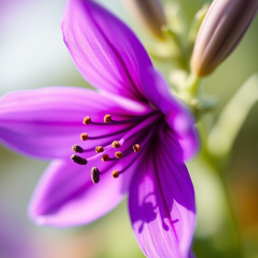 macro view of a vibrant purple flower with fine details in the petals and stamens, shallow depth of field, f/2.8 aperture, 100mm lens, ISO 100, natural lighting, DSLR camera