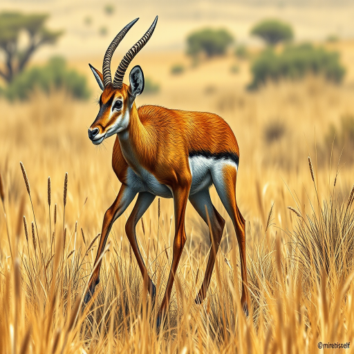 Create a detailed illustration of an antelope walking through a grassy landscape, focus on intricate textures and details in a realistic style, use a DSLR camera with a 50mm lens, aperture f/2.8, ISO 400, and capture from a low angle for depth.
